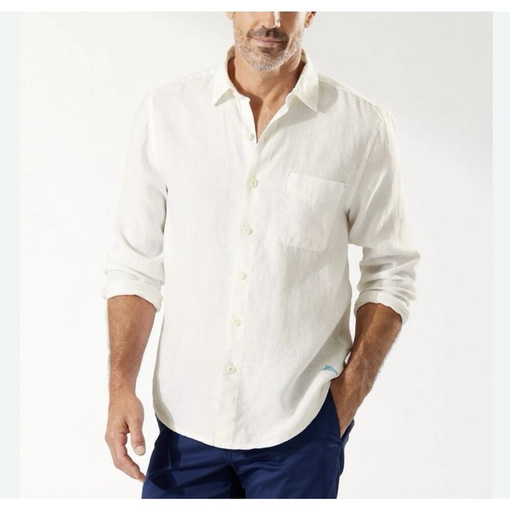 Tommy Bahama White Linen Breezer Button-Up Long Sleeve Men's Shirt Beach XXL